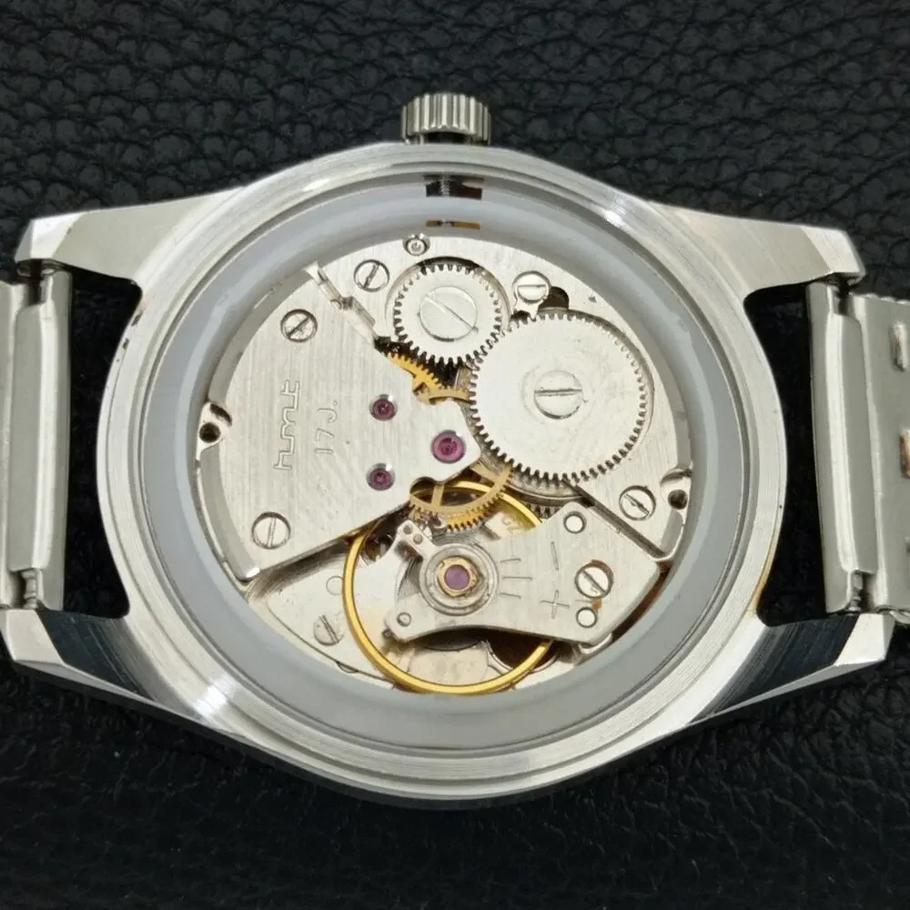 Vintage 1986 HMT Manual Wound Mens Silver Watch & Red accents